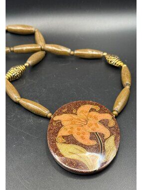 Vintage Floral Pendant Necklace Wood Beads Statement